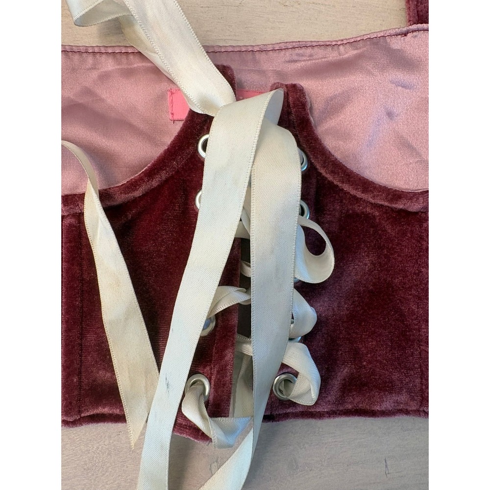 Sugar Trill Burgundy Velvet Corset Bustier Crop Top Ivory Ribbon LaceUp S - Picture 4 of 12